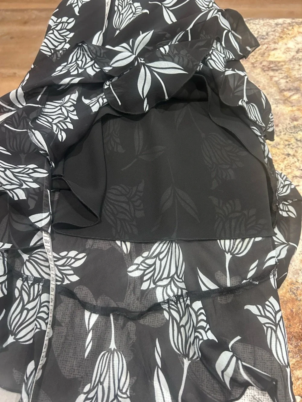🖤”The Limited” 100% Silk Black & White Floral (Tulips) Hi/Lo Sheer Ruffle Dress🤍 - Picture 12 of 14
